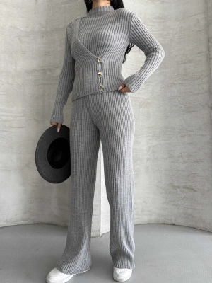 Yan Düğme Detay Triko Takım 1563 - Gri