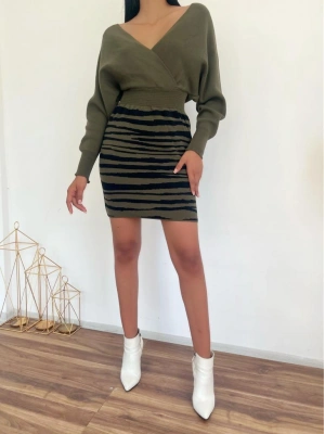 Zebra Desen Triko Elbise 841 - Haki