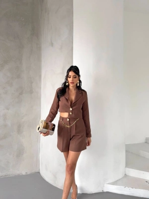 Zincir Kemer Ceket Şort Takım - Kahverengi