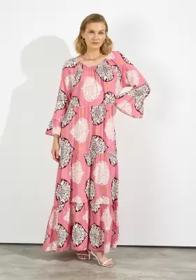 Şal Desenli Madonna Yaka Maxi Elbise Pembe