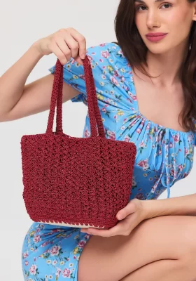 El yapımı Astarlı Hasır Çanta Bordo