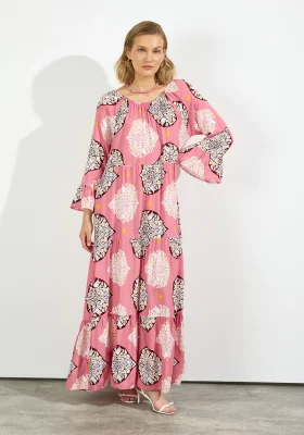 Şal Desenli Madonna Yaka Maxi Elbise Pembe