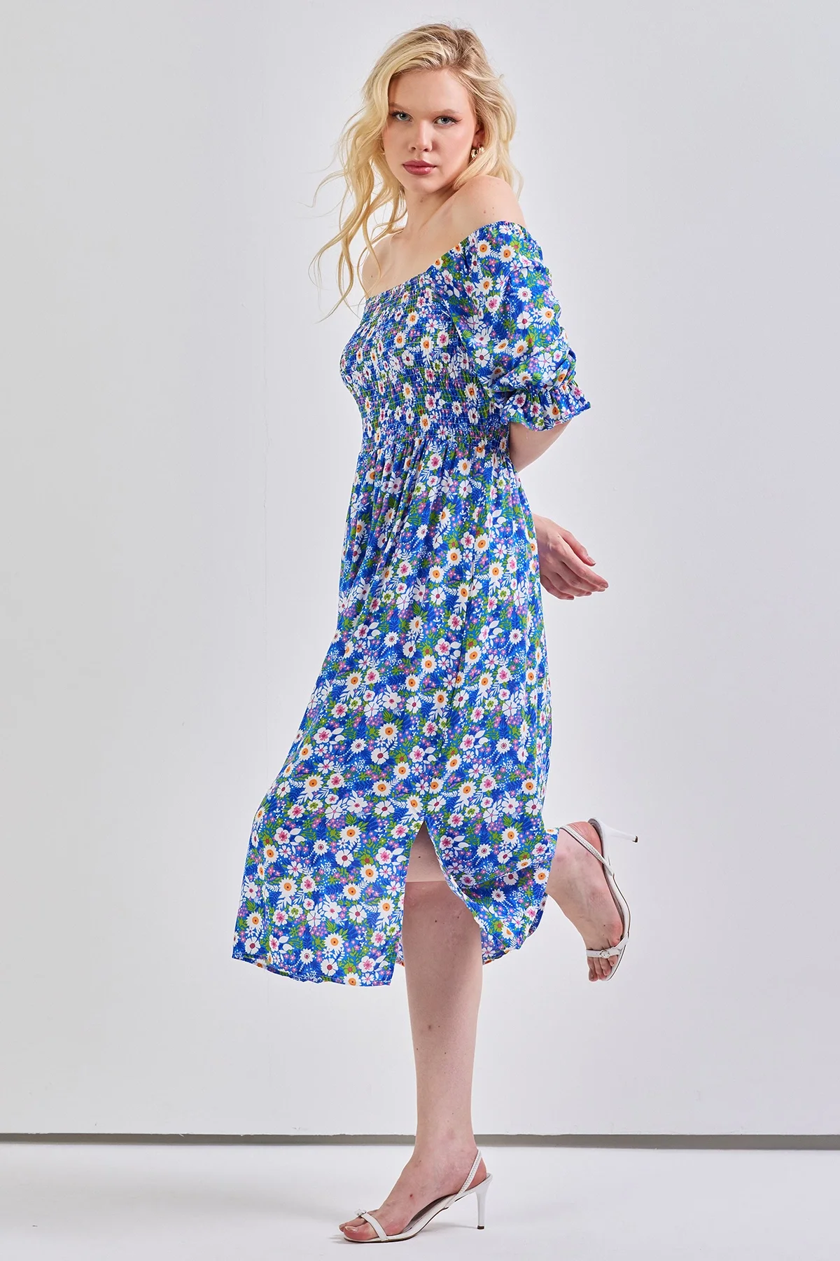 Kadın Kare Yaka Gipeli Desenli Viskon Elbise Mavi