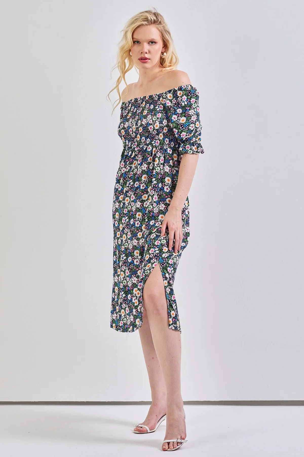 Kadın Kare Yaka Gipeli Desenli Viskon Elbise Yeşil