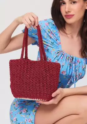 El yapımı Astarlı Hasır Çanta Bordo