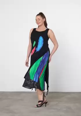Kadın Sıfır Kol Desenli Çift Katlı Etnik Elbise