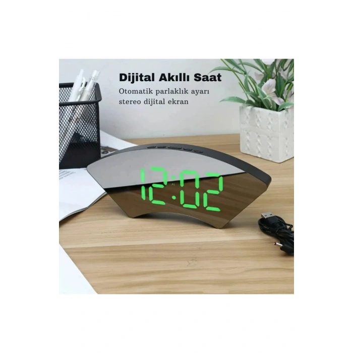 Dekoratif Masaüstü Dijital Saat Kavisli Sıcaklık Tarih ölçen Şık Usb Aynalı Led Işıklı Alarmlı Saat