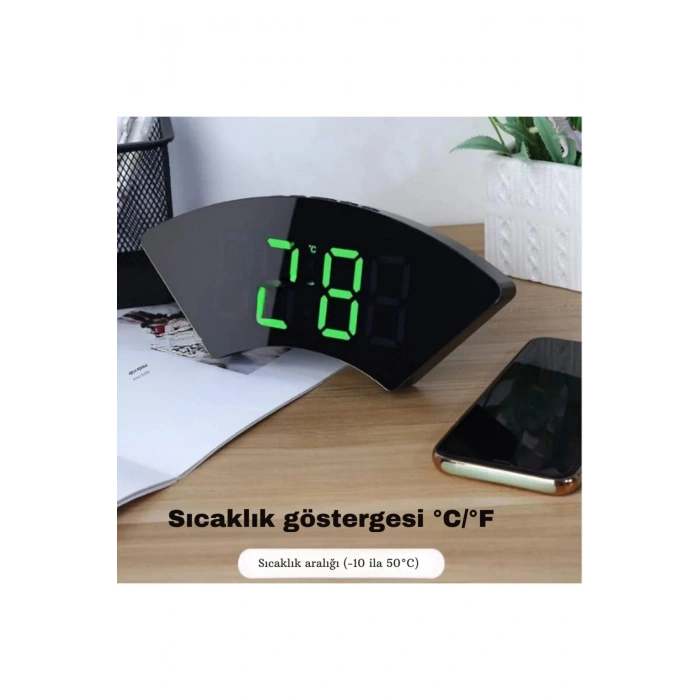 Dekoratif Masaüstü Dijital Saat Kavisli Sıcaklık Tarih ölçen Şık Usb Aynalı Led Işıklı Alarmlı Saat