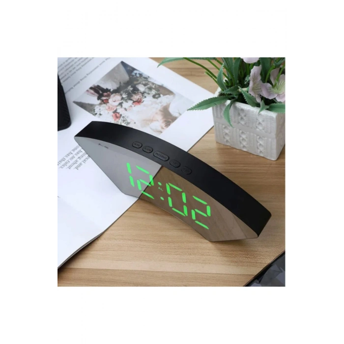 Dekoratif Masaüstü Dijital Saat Kavisli Sıcaklık Tarih ölçen Şık Usb Aynalı Led Işıklı Alarmlı Saat