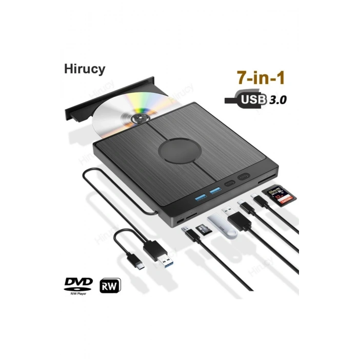 DVD 3.0 Yazıcı 7 Girişli USB Tip-C Harici CD/DVD Sürücü Windows Mac ve Laptop Fonksiyonlu Uyumlu
