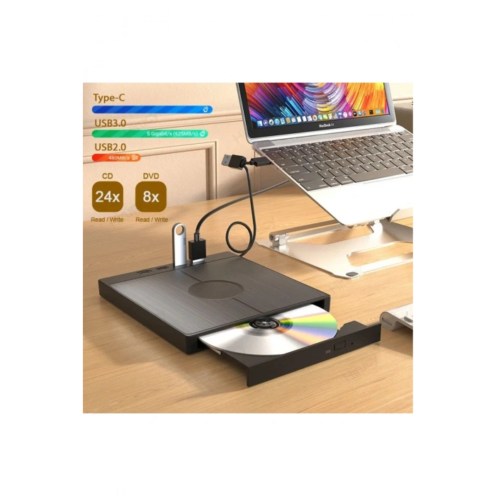 DVD 3.0 Yazıcı 7 Girişli USB Tip-C Harici CD/DVD Sürücü Windows Mac ve Laptop Fonksiyonlu Uyumlu