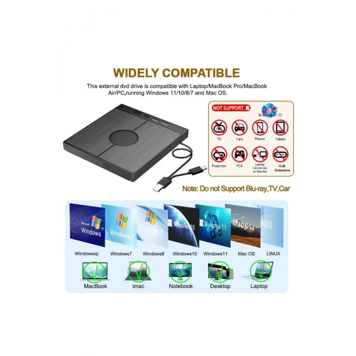DVD 3.0 Yazıcı 7 Girişli USB Tip-C Harici CD/DVD Sürücü Windows Mac ve Laptop Fonksiyonlu Uyumlu
