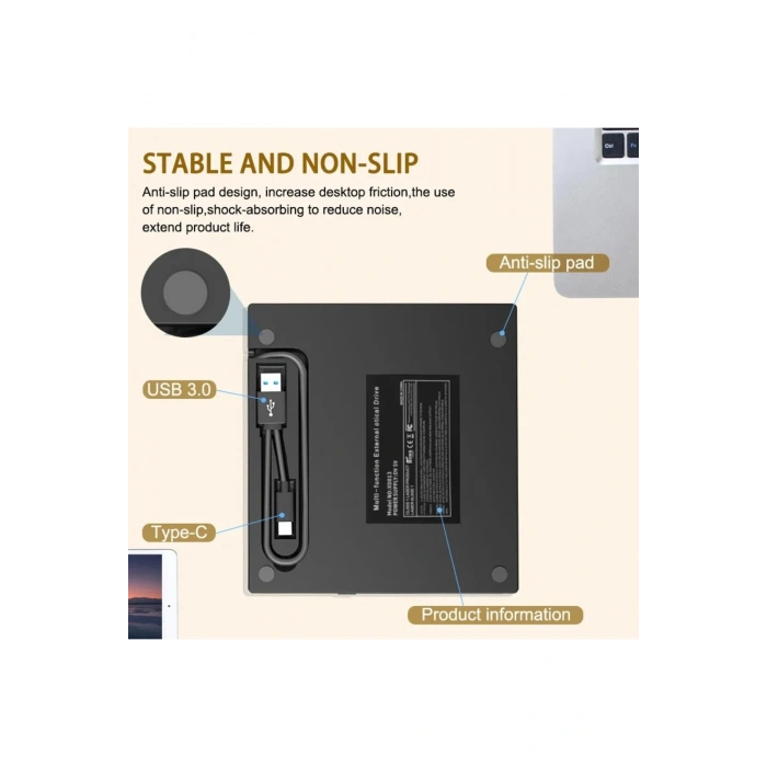 DVD 3.0 Yazıcı 7 Girişli USB Tip-C Harici CD/DVD Sürücü Windows Mac ve Laptop Fonksiyonlu Uyumlu