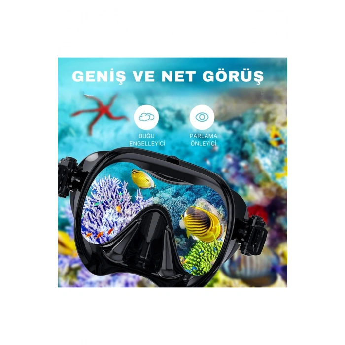 Şnorkel Deniz Havuz Gözlüğü Buğu Önleyici Maske Su Geçirmez Geniş Görüşlü Ayarlanabilir Kemerli