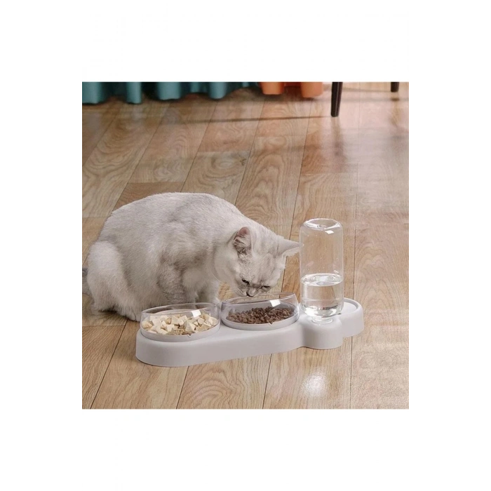 Çift Hazneli Kedi Mama ve Su Kabı 550 ml Su Şişeli, 15° Eğik Tasarım Otomatik 3 Gün idare edebilir