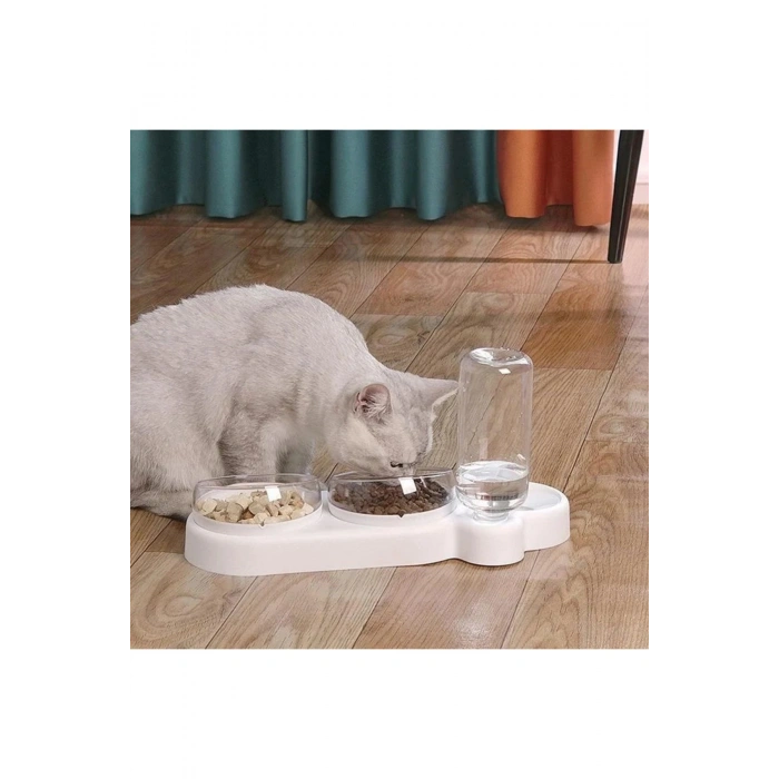 Çift Hazneli Kedi Mama ve Su Kabı 550 ml Su Şişeli, 15° Eğik Tasarım Otomatik 3 Gün idare edebilir