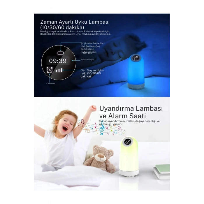 Bluetooth Hoparlörlü Gece Lambası 7’si 1 Arada Alarm Saati FM Radyo Dokunmatik RGB Işık Renkli Lamba