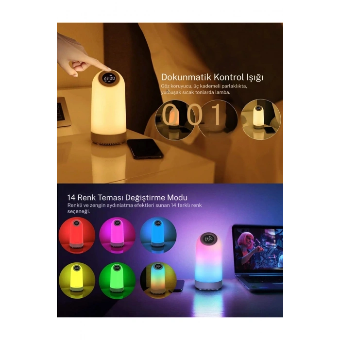 Bluetooth Hoparlörlü Gece Lambası 7’si 1 Arada Alarm Saati FM Radyo Dokunmatik RGB Işık Renkli Lamba