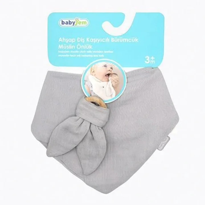 Babyjem Ahşap Diş Kaşıyıcılı Bürümcük Müslin Mama Önlüğü Gri