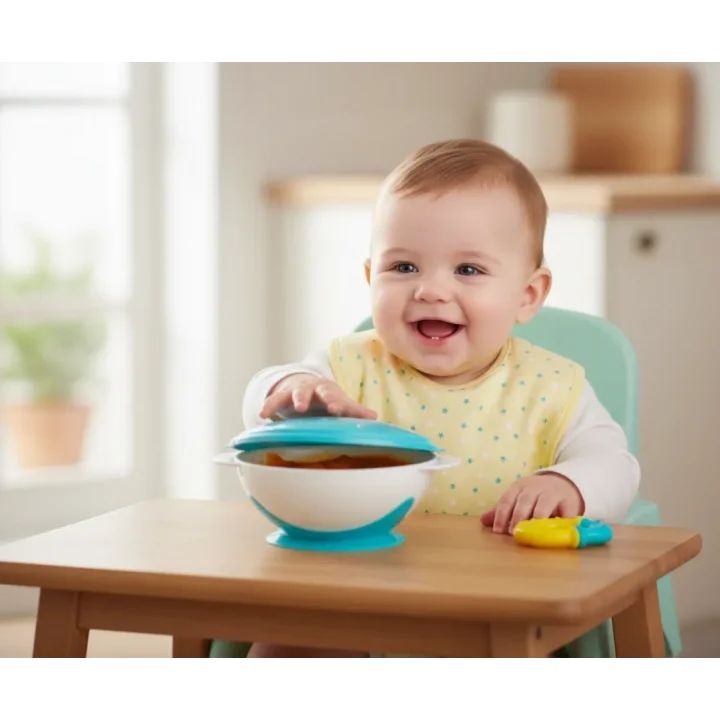 Babyjem Vakumlu Sabitlenebilir Kapaklı Mama Beslenme Tabağı Mavi (BPA İçermez)