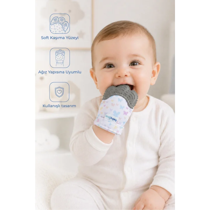 Babyjem Bebek Diş Kaşıyıcı Eldiveni Kelebek Gri