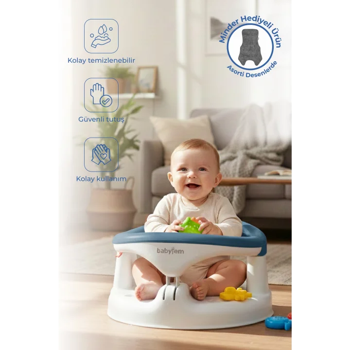Babyjem Yandan Açılır Banyo ve Mama Oturağı & Hediye Minderli 2li Set İndigo Mavi