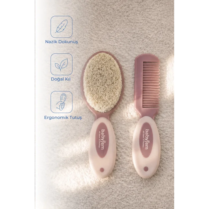 Babyjem Sertifikalı Yumuşak Doğal Bebek Kıl Fırça Tarak Seti Pembe