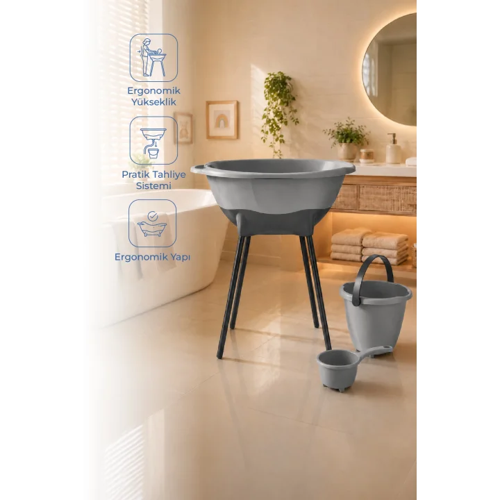 Babyjem Elegant Yenidoğan Ayaklı Bebek Banyo Küvet Seti Soft Gri