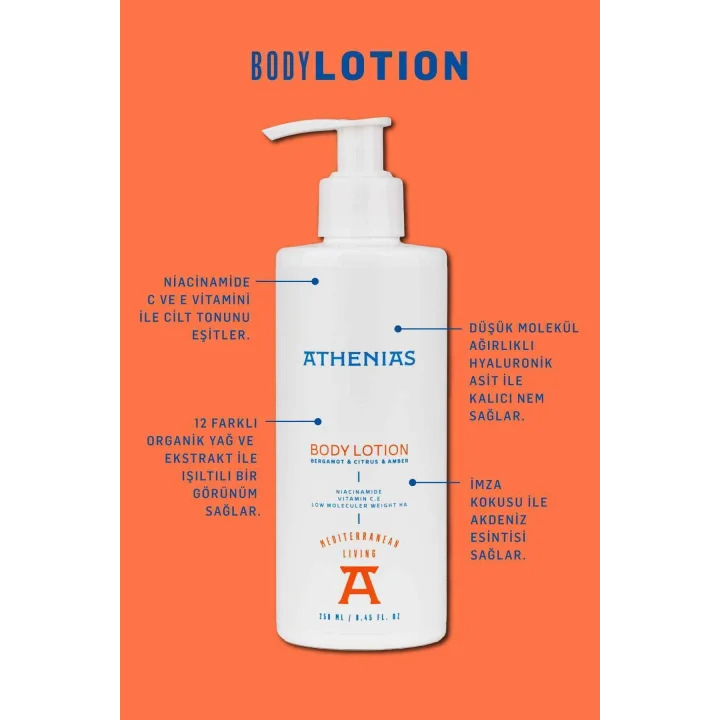 Athenias Niacinamide, E Ve C Vitamini İçeren Vücut Losyonu 250 ml Uzun Süre Nem Cilt Tonu Eşitleyici