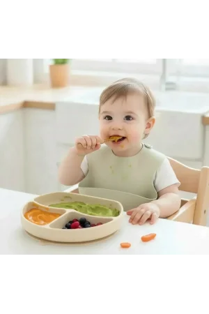 Babyjem Vakum Tabanlı Sabitlenebilir Silikon Tabak Ekru