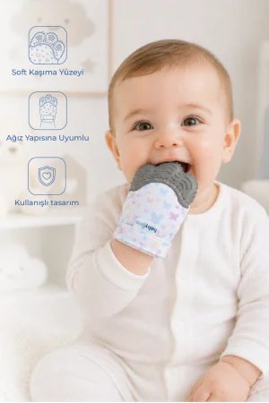 Babyjem Bebek Diş Kaşıyıcı Eldiveni Kelebek Gri