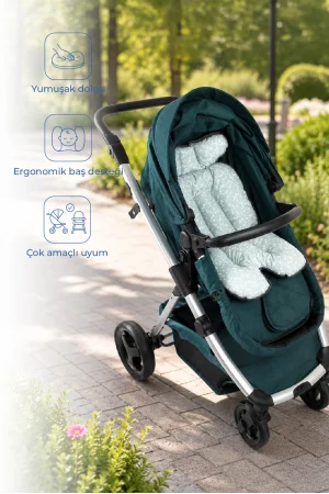 Babyjem 2 in 1 Puset ve Mama Sandalyesi Minderi Yeşil Çiçek %100 Pamuk