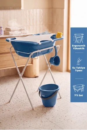 Babyjem Ayaklı Bebek Banyo Küvet Seti 7 Parça İndigo Mavi
