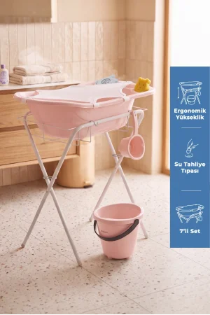 Babyjem Ayaklı Bebek Banyo Küvet Seti 7 Parça Soft Pembe