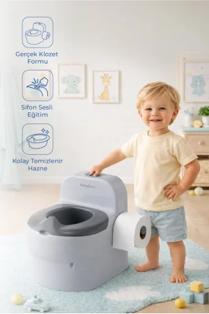 Babyjem Bebeğimin İlk Tuvaleti Sifon Sesli Lazımlık Oturak Soft Gri