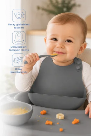 Babyjem Mini Silikon Mama Önlüğü Gri