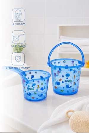 Babyjem Şeffaf Kova & Maşrapa Set Mavi Desenli