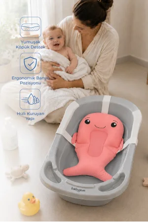 Babyjem Sevimli Balina Köpüklü Banyo Küveti Yatağı Pembe (Straforlu - Suda Batmaz)