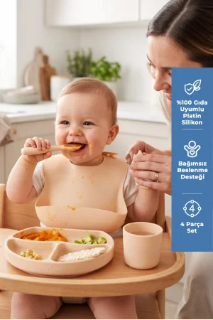 Babyjem Silikon Beslenme Seti Ekru 4 Parça Hediye Seti