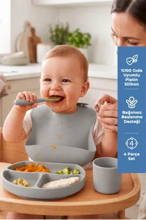 Babyjem Silikon Beslenme Seti Gri 4 Parça Hediye Seti