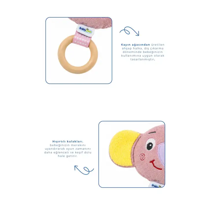 Babyjem Ahşap Halkalı Sevimli Fil Dişlik Gül Kurusu