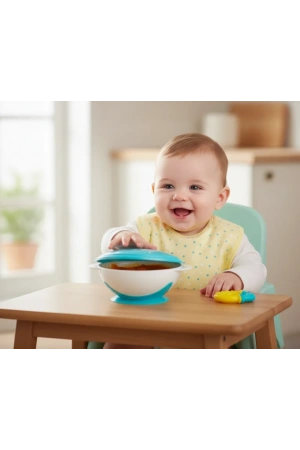 Babyjem Vakumlu Sabitlenebilir Kapaklı Mama Beslenme Tabağı Mavi (BPA İçermez)