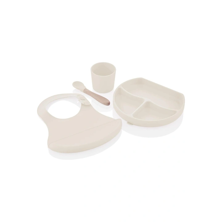 Babyjem Silikon Beslenme Seti Ekru - Silikon Önlük & Tabak & Bardak & Kaşık - Bpa Free