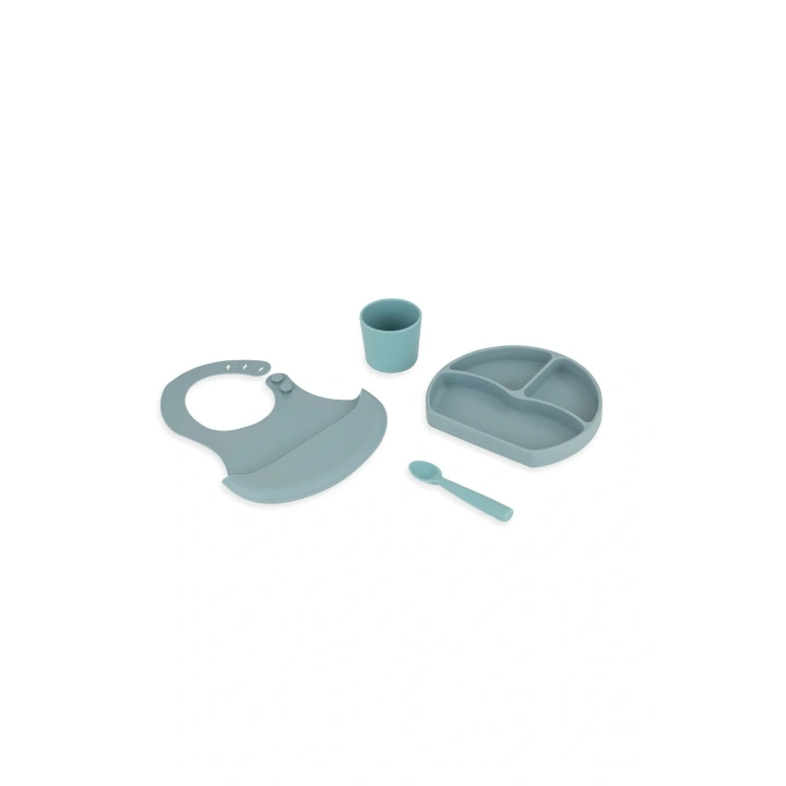 Babyjem Silikon Beslenme Seti Mint - Silikon Önlük & Tabak & Bardak & Kaşık - Bpa Free