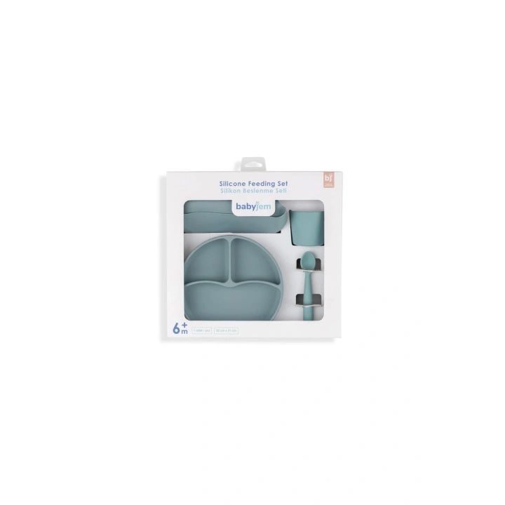Babyjem Silikon Beslenme Seti Mint - Silikon Önlük & Tabak & Bardak & Kaşık - Bpa Free