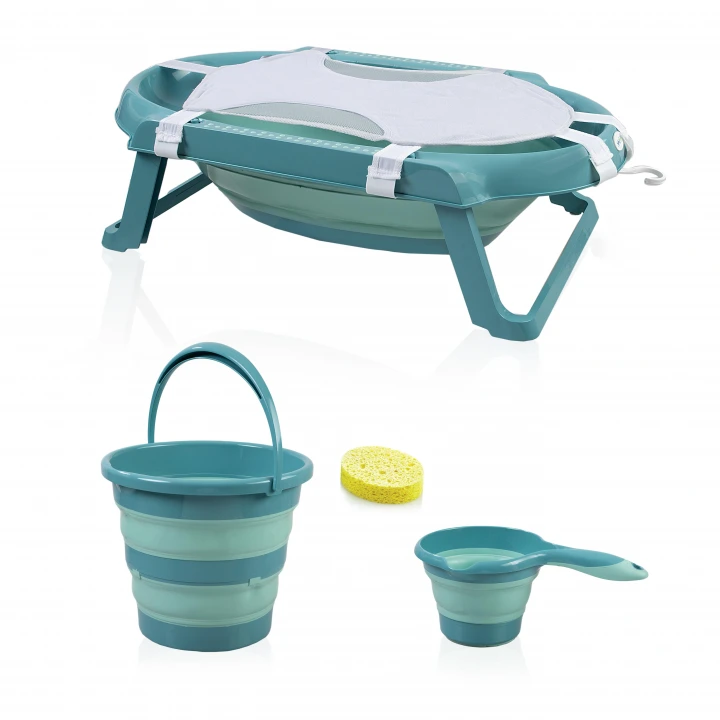 Babyjem Katlanır Bebek Banyo Küvet Seti 5 Parça Turkuaz (Havlu Fileli)