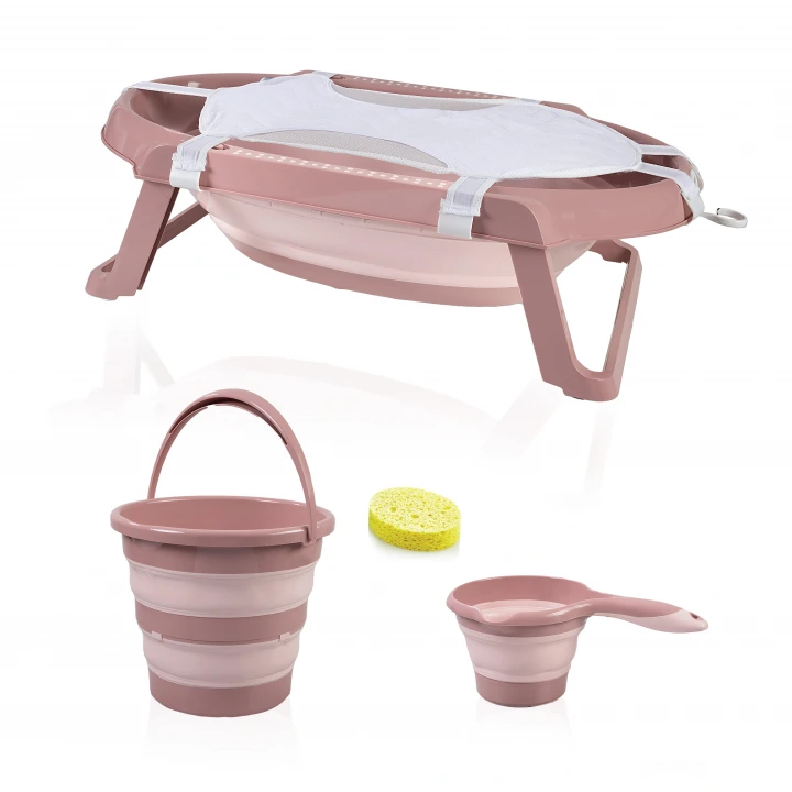 Babyjem Bebek Katlanır Küvet Seti 5 Parça Somon (Havlu Fileli)