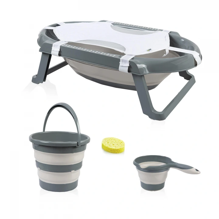 Babyjem Katlanır Bebek Banyo Küvet Seti 5 Parça Antrasit (Havlu Fileli)