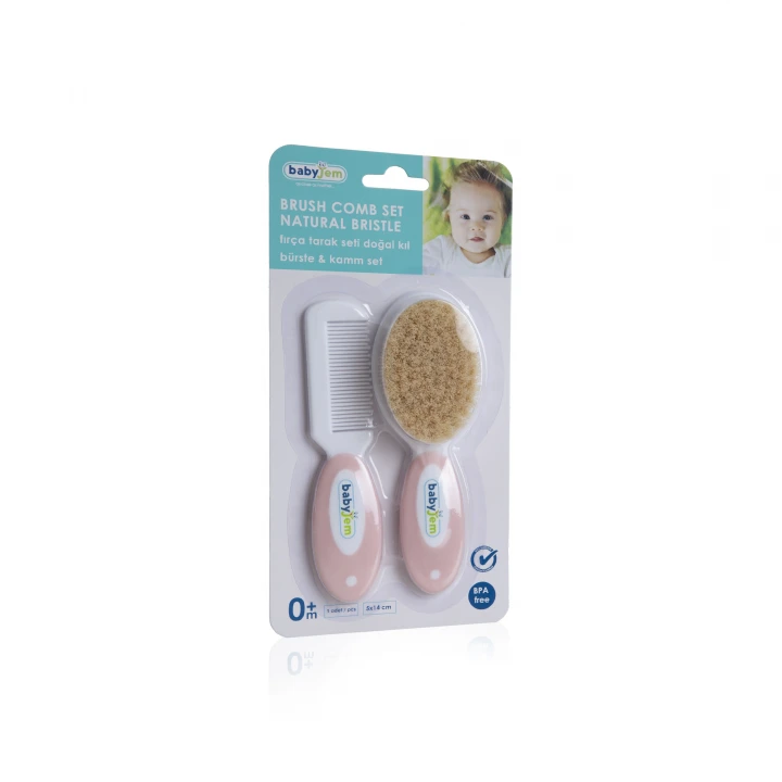 Babyjem Sertifikalı Yumuşak Doğal Bebek Kıl Fırça Tarak Seti Pembe