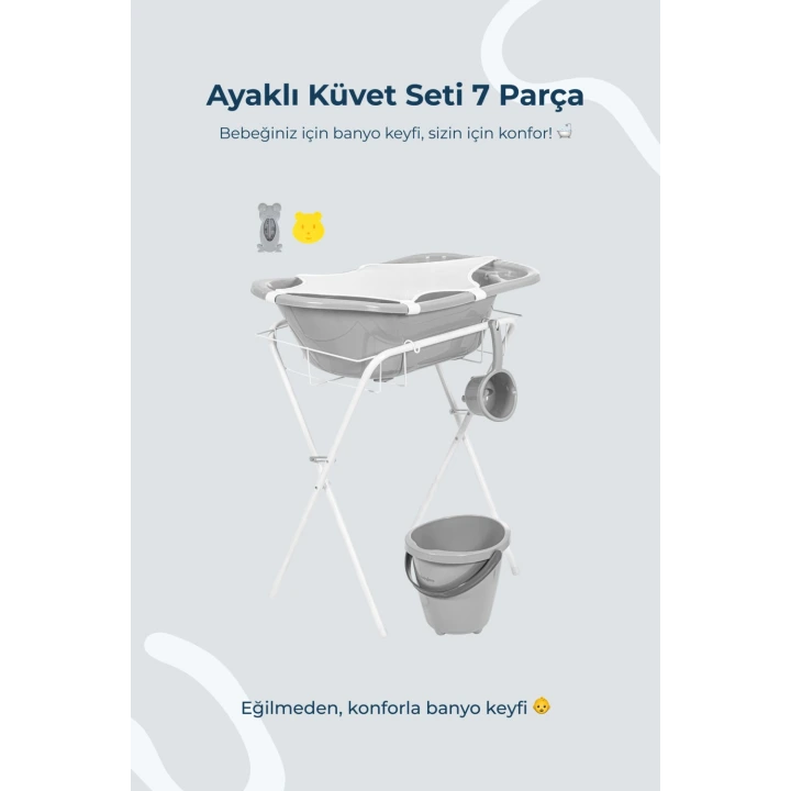 Babyjem Ayaklı Bebek Banyo Küvet Seti 7 Parça Soft Gri